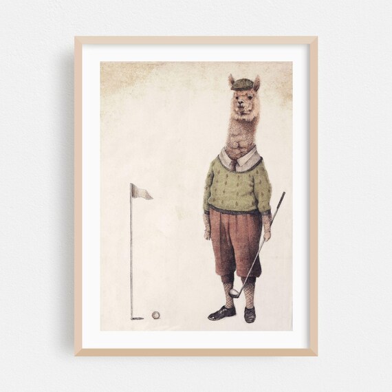 Alpaca Golfer Vintage Golf Illustration Poster with Club and Flagstick