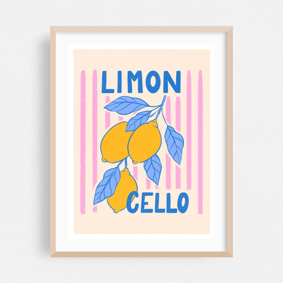 Limon Cello Lemon Branch Illustration Poster With Pink Stripes