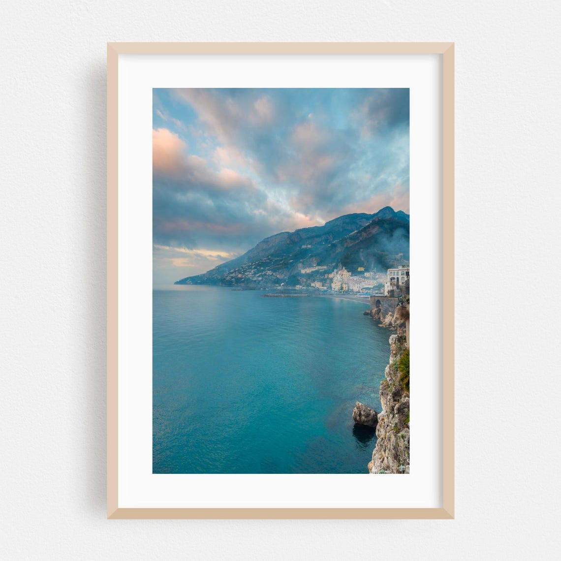 Amalfi Coast Sunset Sky Over Turquoise Sea and Cliff Town Poster