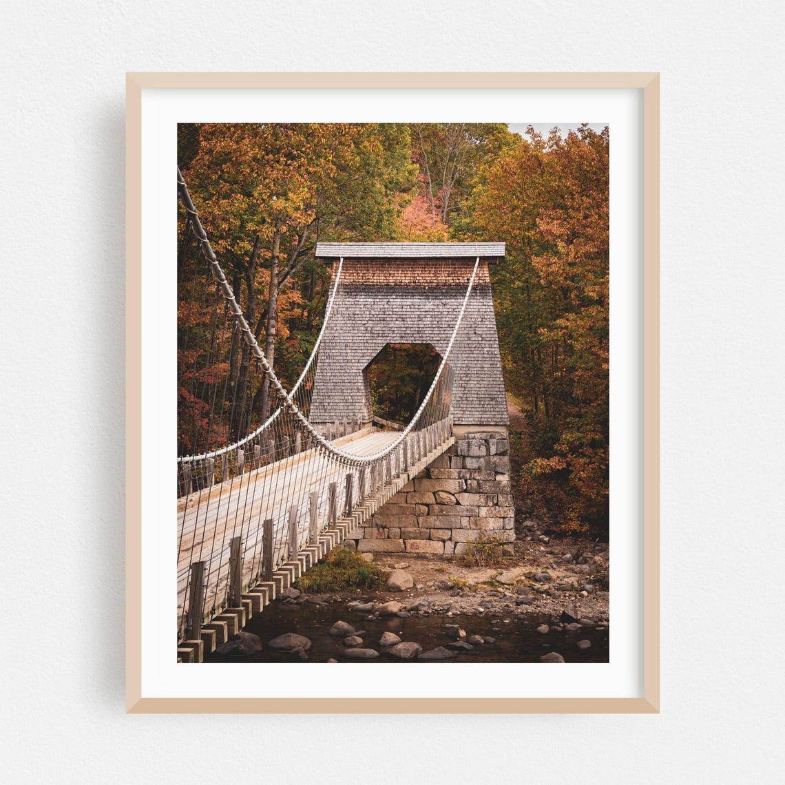 Suspension Bridge Over River In Autumn Forest Maine Travel Poster