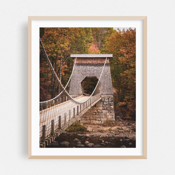 Suspension Bridge Over River In Autumn Forest Maine Travel Poster