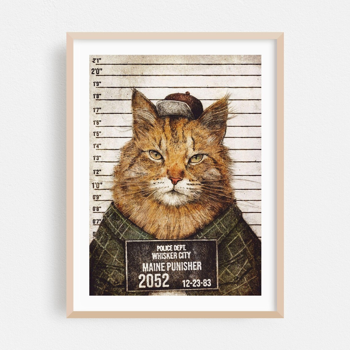 Maine Coon Cat Mugshot Police Lineup Funny Whisker City Animal Poster