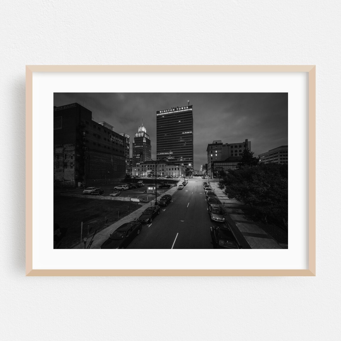 Winston Salem Night Street Photo Poster Black And White Cityscape