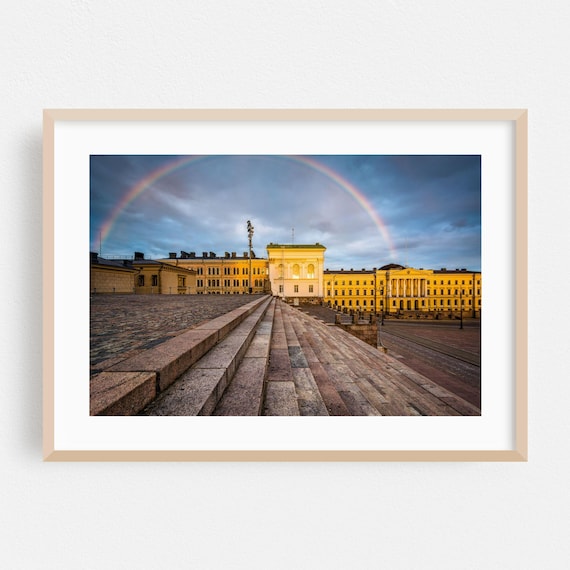Helsinki Senate Square Steps Under A Rainbow Sky Travel Poster