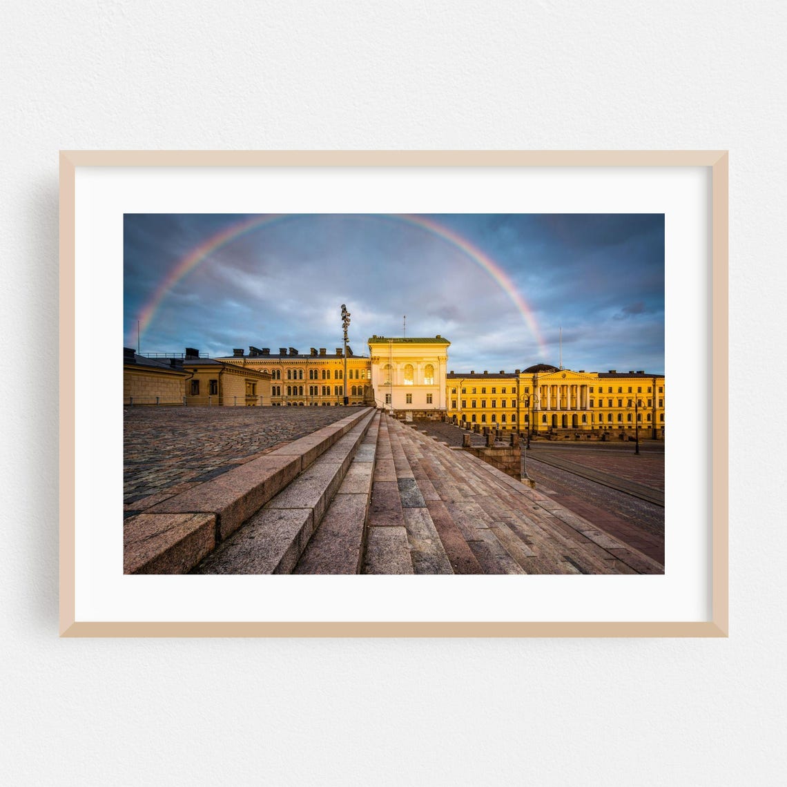 Helsinki Senate Square Steps Under A Rainbow Sky Travel Poster