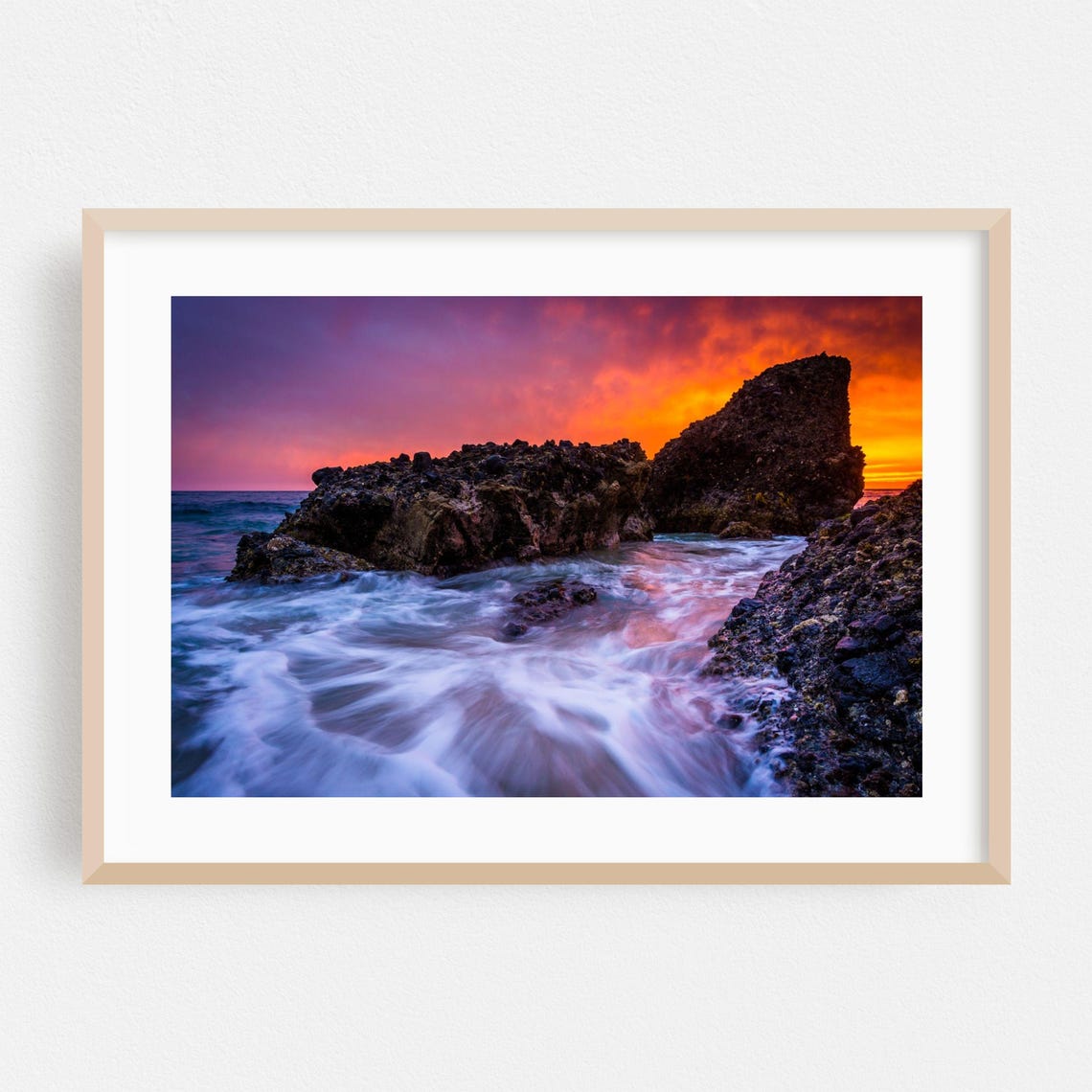 Laguna Beach Rocky Cove Sunset Photography Print Fiery Ocean Sky Art