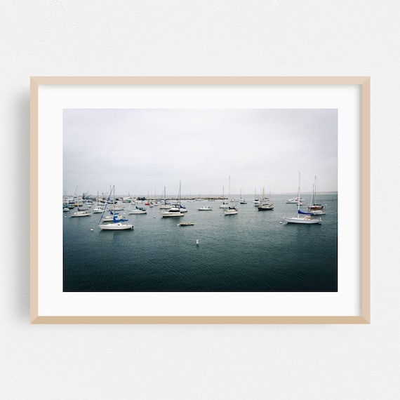 Monterey Harbor Sailboats Anchored on Calm Gray Water Fine Art Print