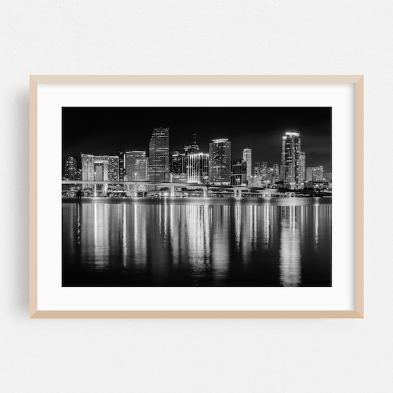 Miami Florida Skyline at Night Black and White Reflection Photo Poster