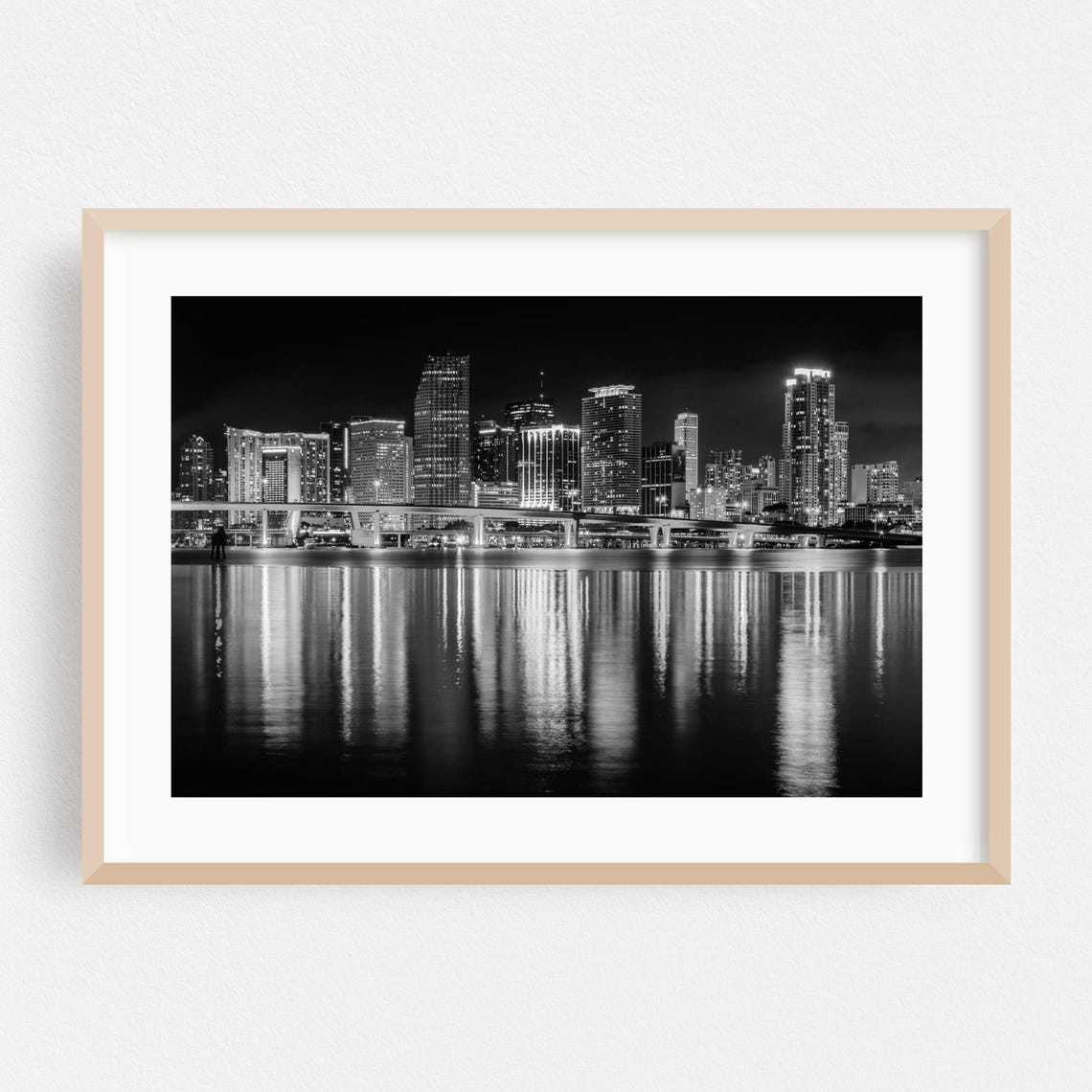 Miami Florida Skyline at Night Black and White Reflection Photo Poster