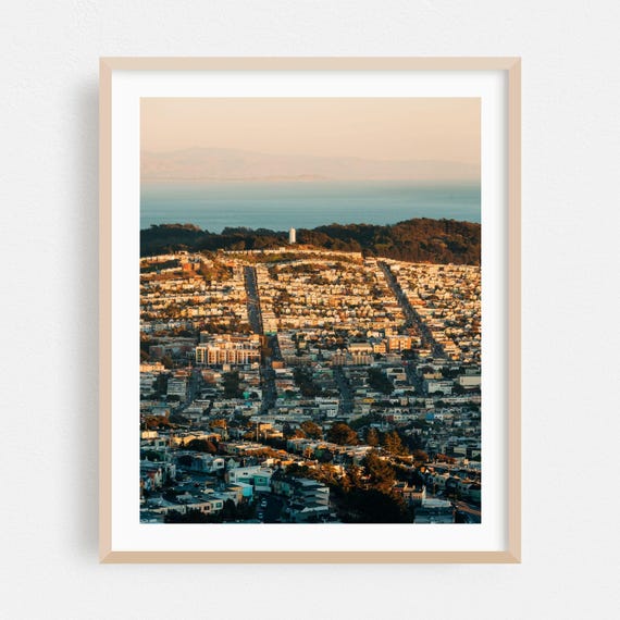 San Francisco Hillside Neighborhood With Bay Golden Hour Poster