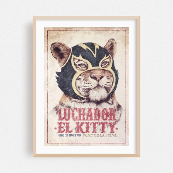 Luchador El Kitty Cat Wrestler Mask Funny Vintage Style Animal Poster