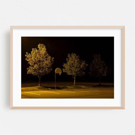 Night Basketball Hoop Lit Parking Lot Moody Sports Photo Poster