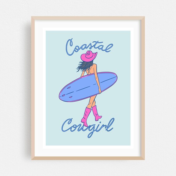 Coastal Cowgirl Surfer Girl With Pink Boots Retro Art Poster