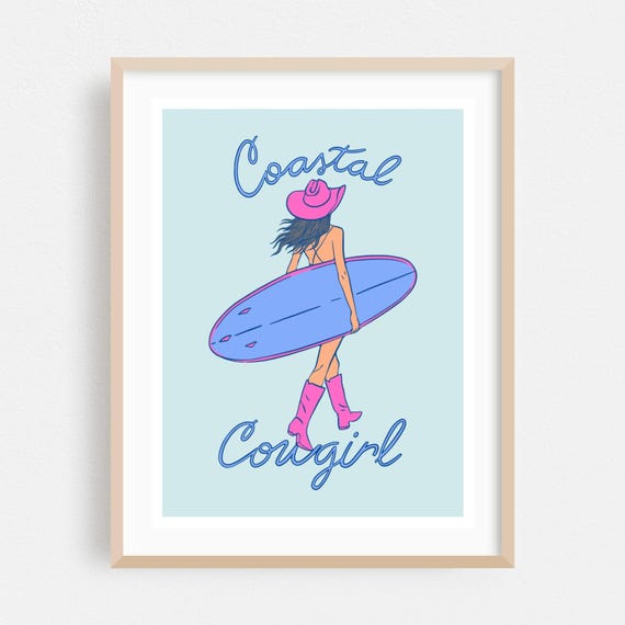Coastal Print Surfboard Wall Art Cowboy Framed Beach Home Decor Pastel Poster Summer Fine Illustration