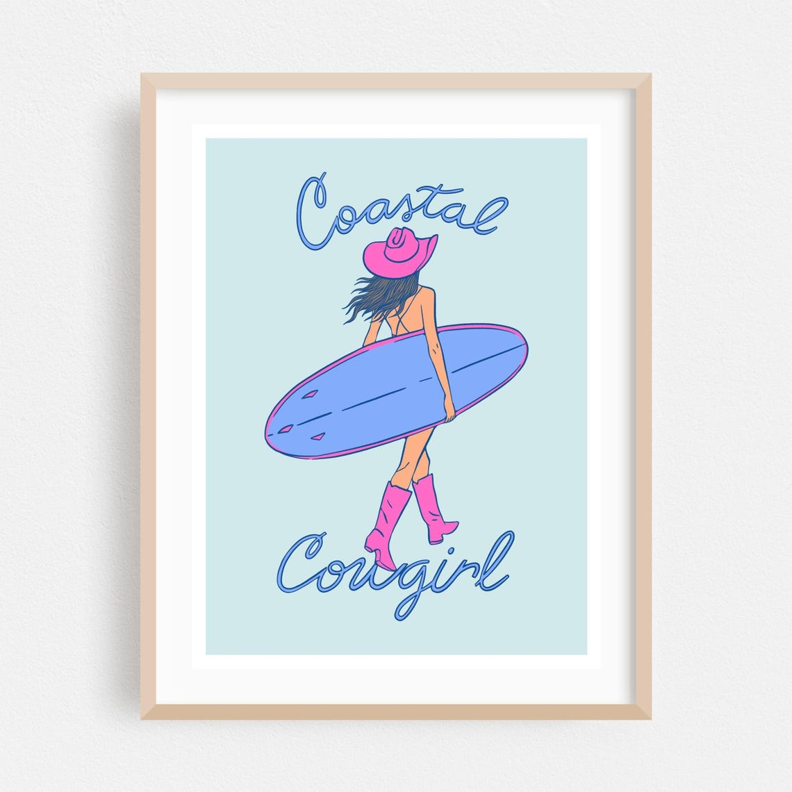 Coastal Print Surfboard Wall Art Cowboy Framed Beach Home Decor Pastel Poster Summer Fine Illustration