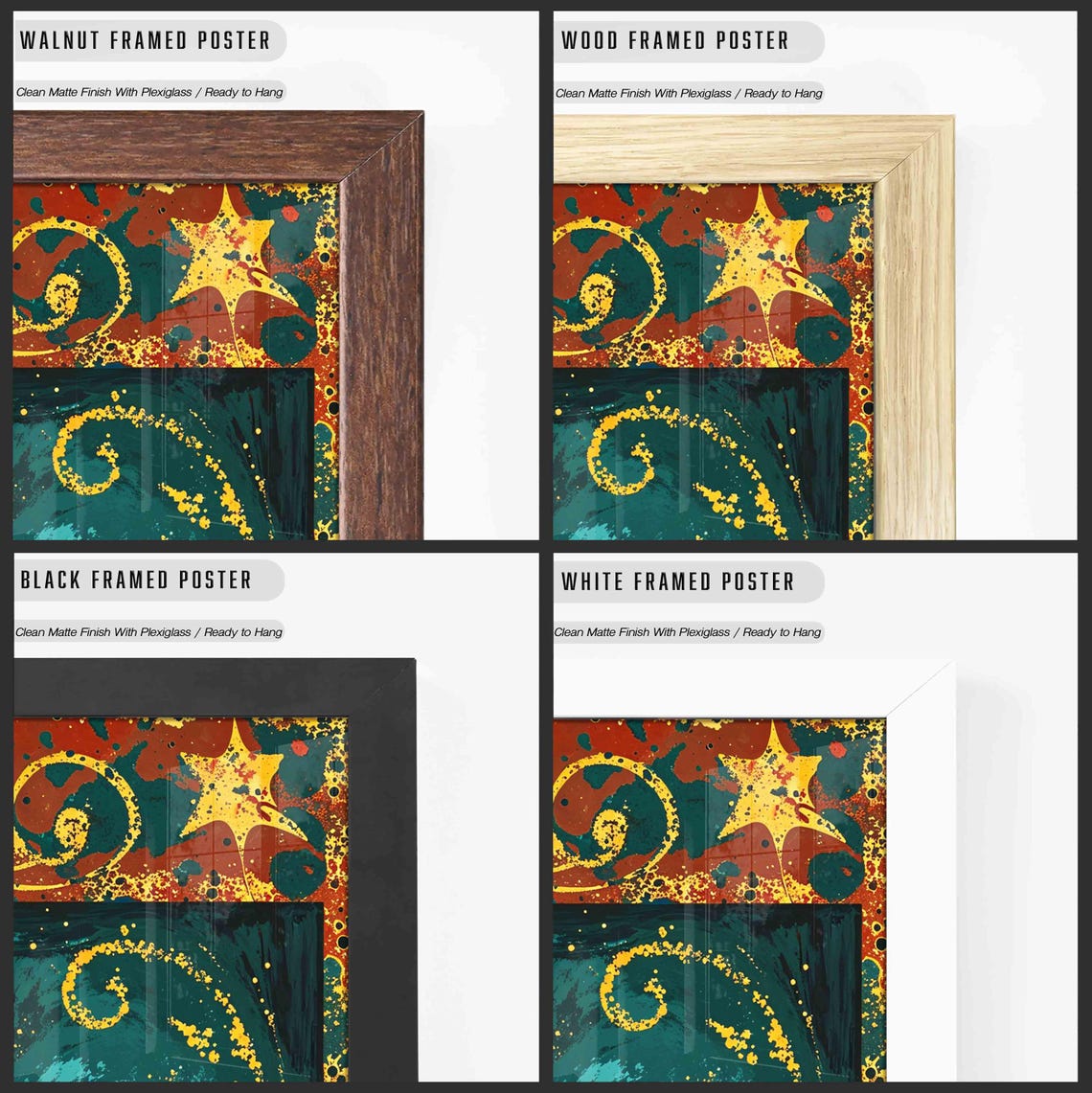 Vintage Folk Christmas Tree Teal Gold Ornaments Star Festive Art Print - Image 3