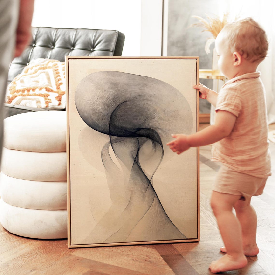 Soft Gray Ink Drapery Curves Minimalist Abstract Beige Art Poster - Image 2