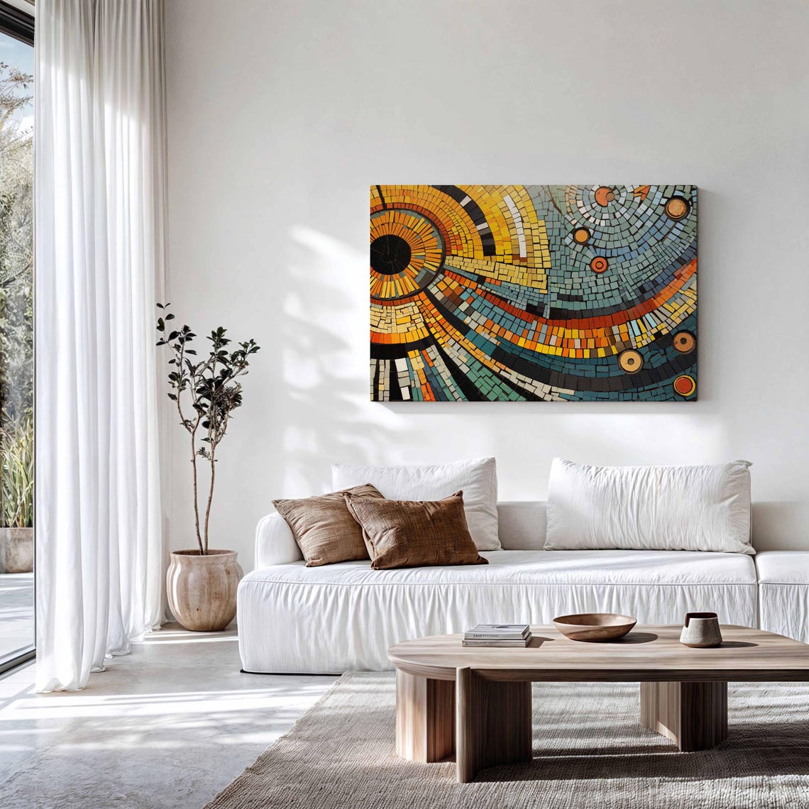 Mid Century Modern Geometric Mosaic Sunburst Arcs Abstract Wall Art - Image 3