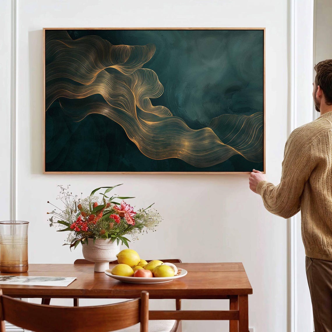 Dark Green Gold Flowing Line Wave Abstract Luxury Decor Poster - Image 2