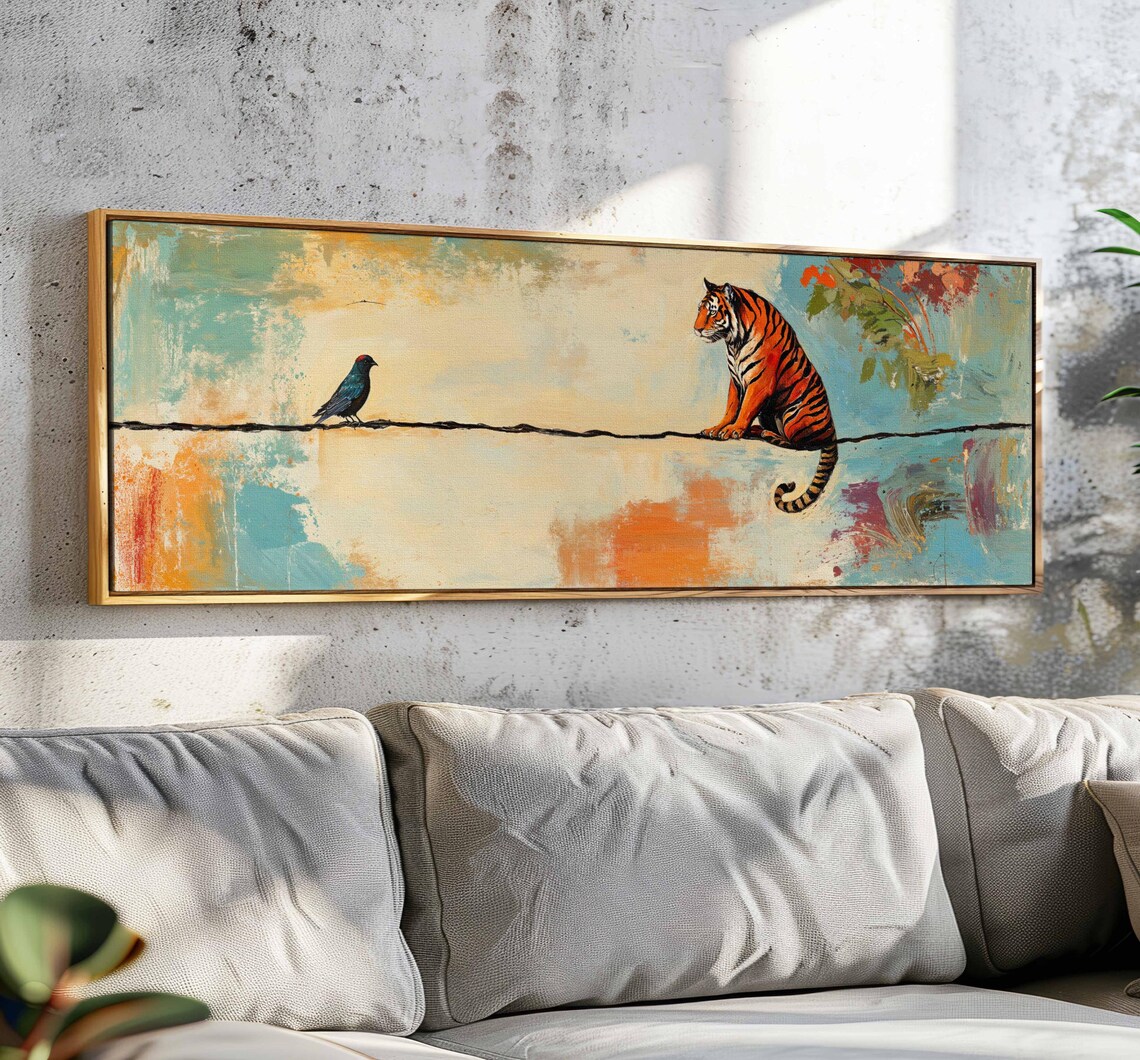 Tiger and Bird on Wire, Modern Animal Art Print