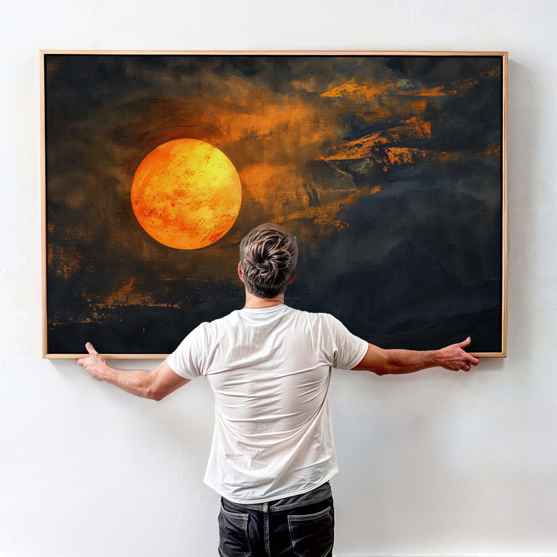 Glowing Orange Harvest Moon Dark Cloudy Night Sky Moody Art Print - Image 4