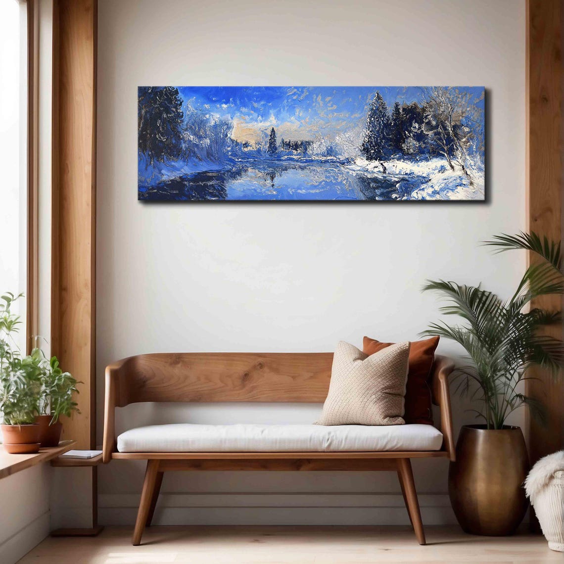 Snowy Blue Winter Forest River Impressionist Landscape Wall Art - Image 4