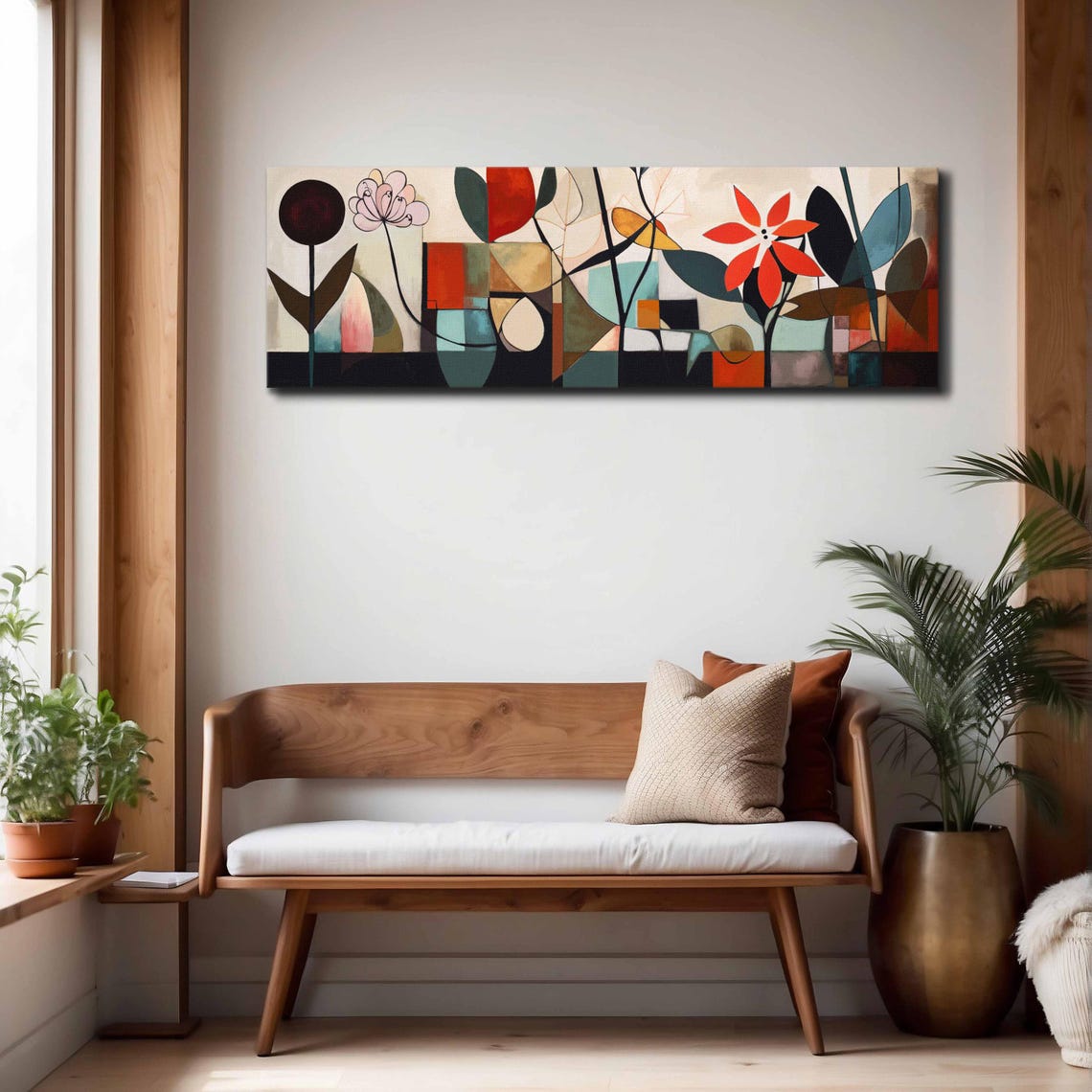 Mid Century Modern Geometric Floral Red Blooms Abstract Wall Art - Image 4