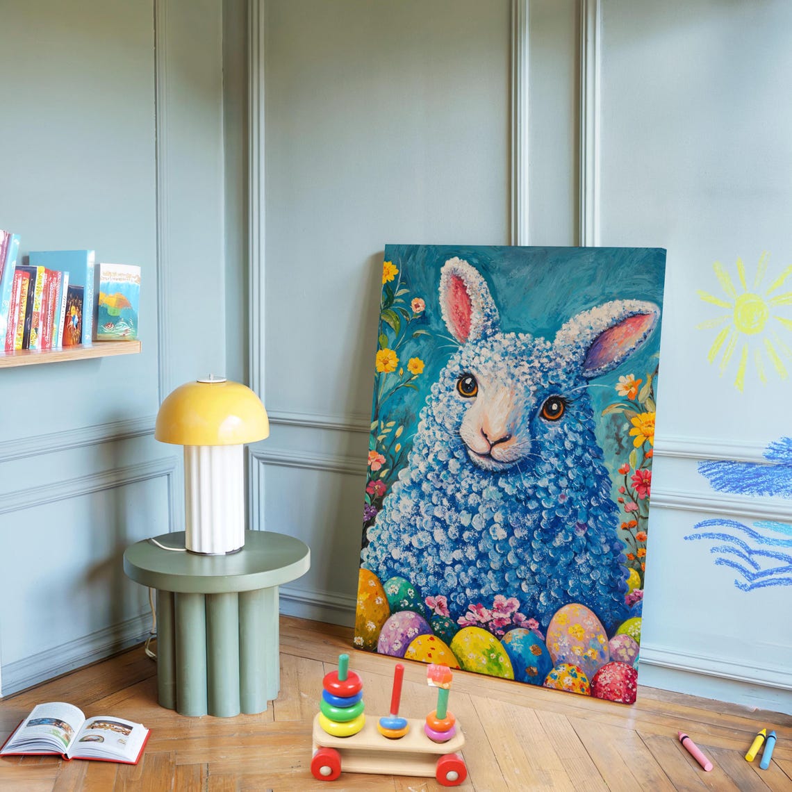 Blue Woolly Easter Lamb Painted Eggs Floral Teal Background Art Print - Image 2