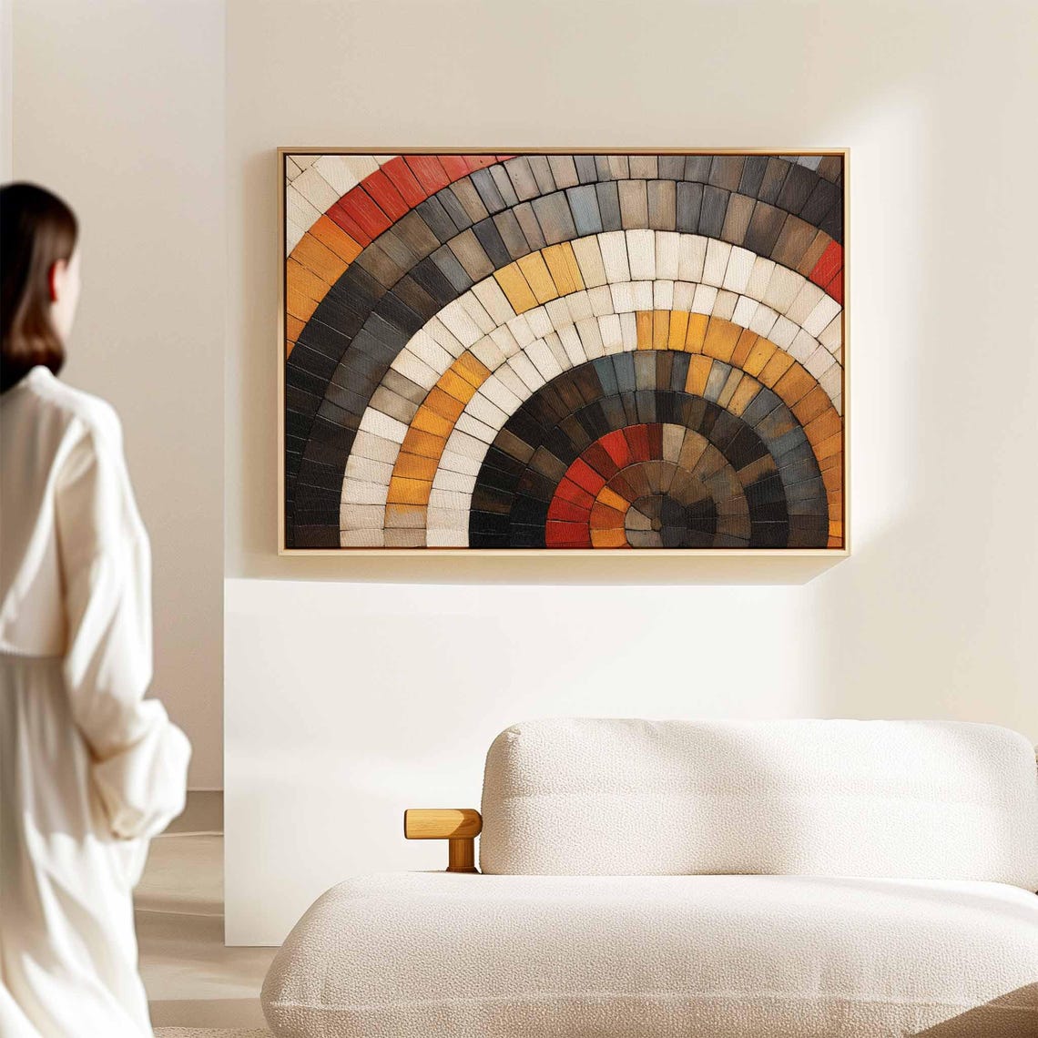Geometric Rainbow Arch Black White Orange Wooden Blocks Wall Art - Image 2