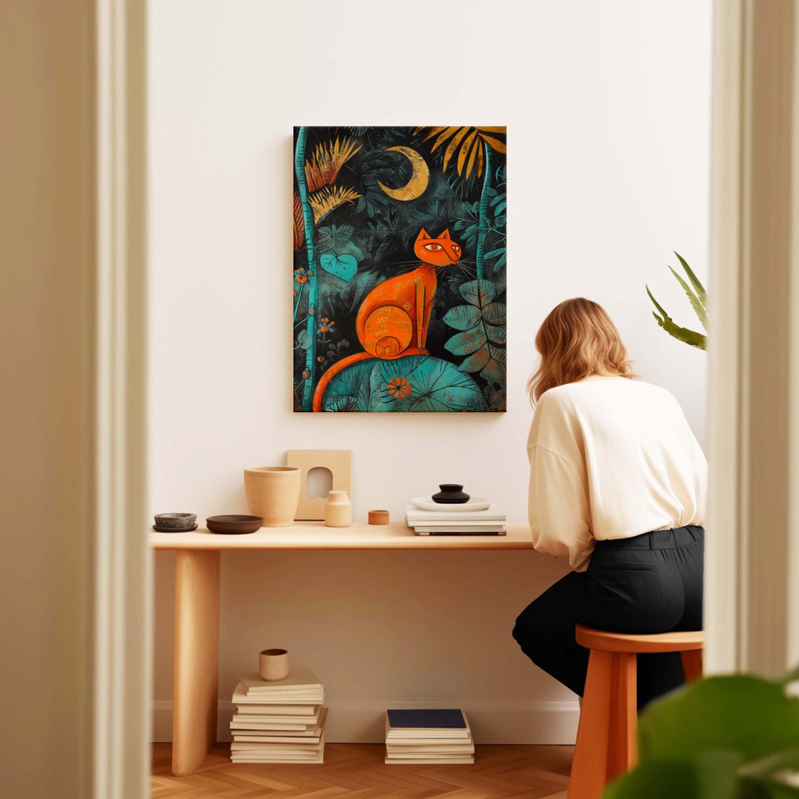 Orange Cat Under Crescent Moon Night Jungle Framed Wall Art Print - Image 2