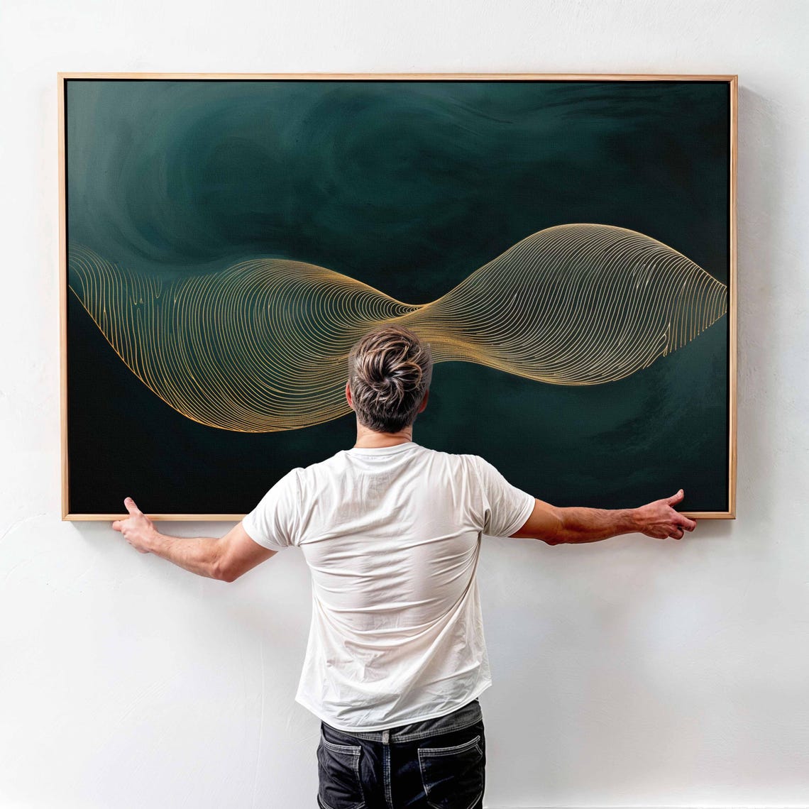 Gold Ribbon Wave Emerald Green Large Horizontal Minimalist Art Poster