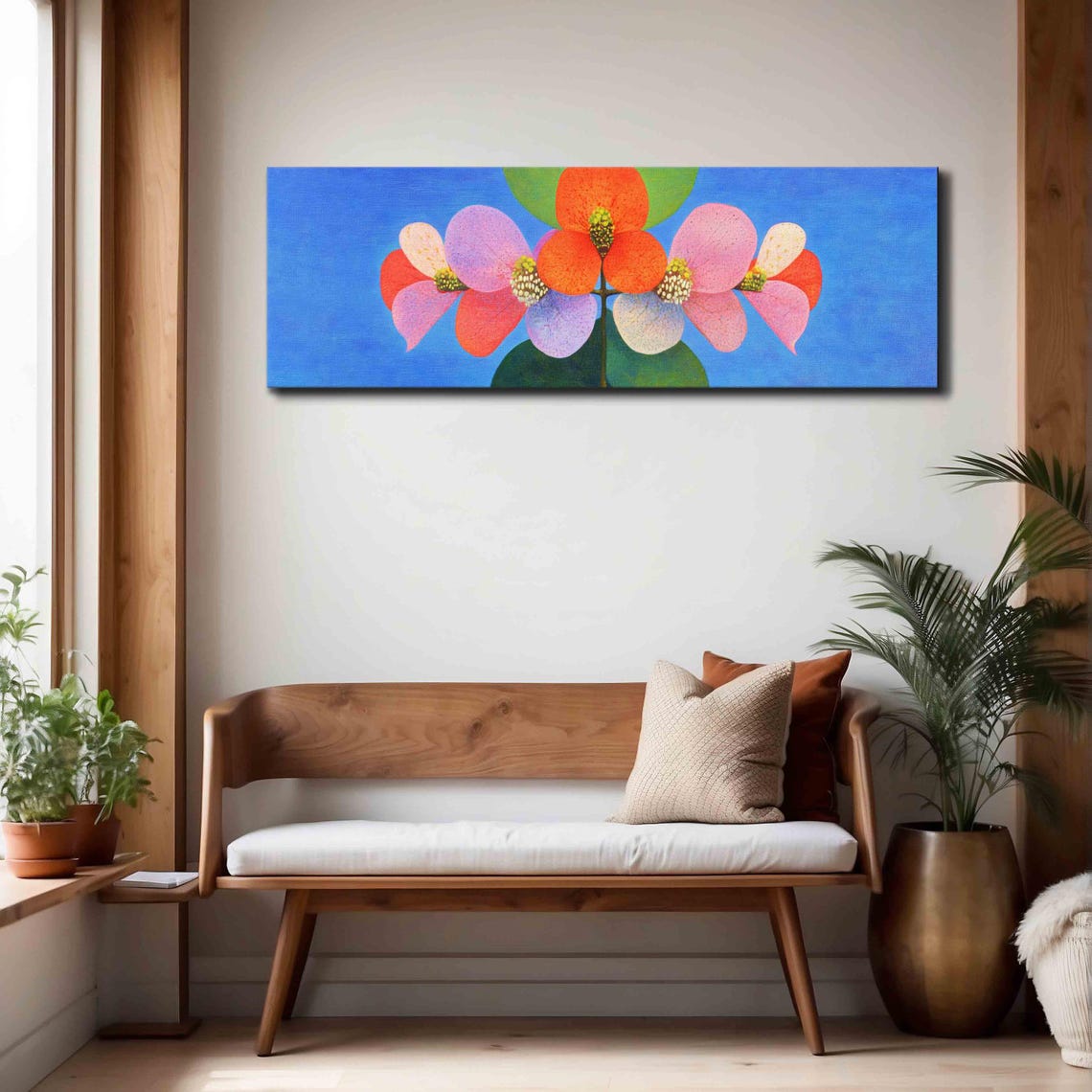 Colorful Geometric Blossoms on Cobalt Blue Modern Floral Wall Art - Image 4