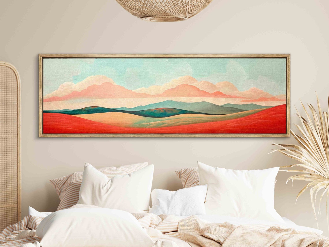 Coral Red Desert Dunes Teal Hills Minimal Pastel Landscape Wall Art - Image 2