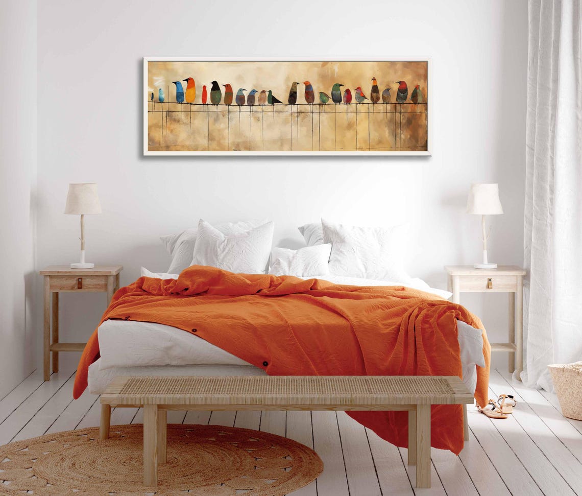 Whimsical Birds Perched Wires Warm Beige Mid Century Modern Art Poster - Image 2