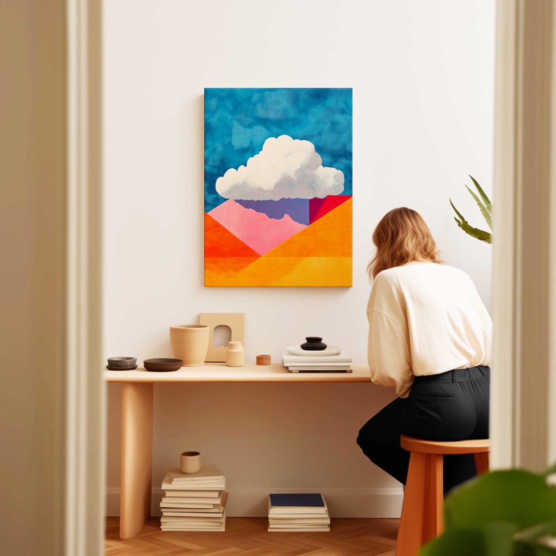 Mid Century Modern Cloud Wall Art Framed Large Modern Wall Art Ready To Hang Wall Decor Boho Wall Art Cloud Art Print - Image 2