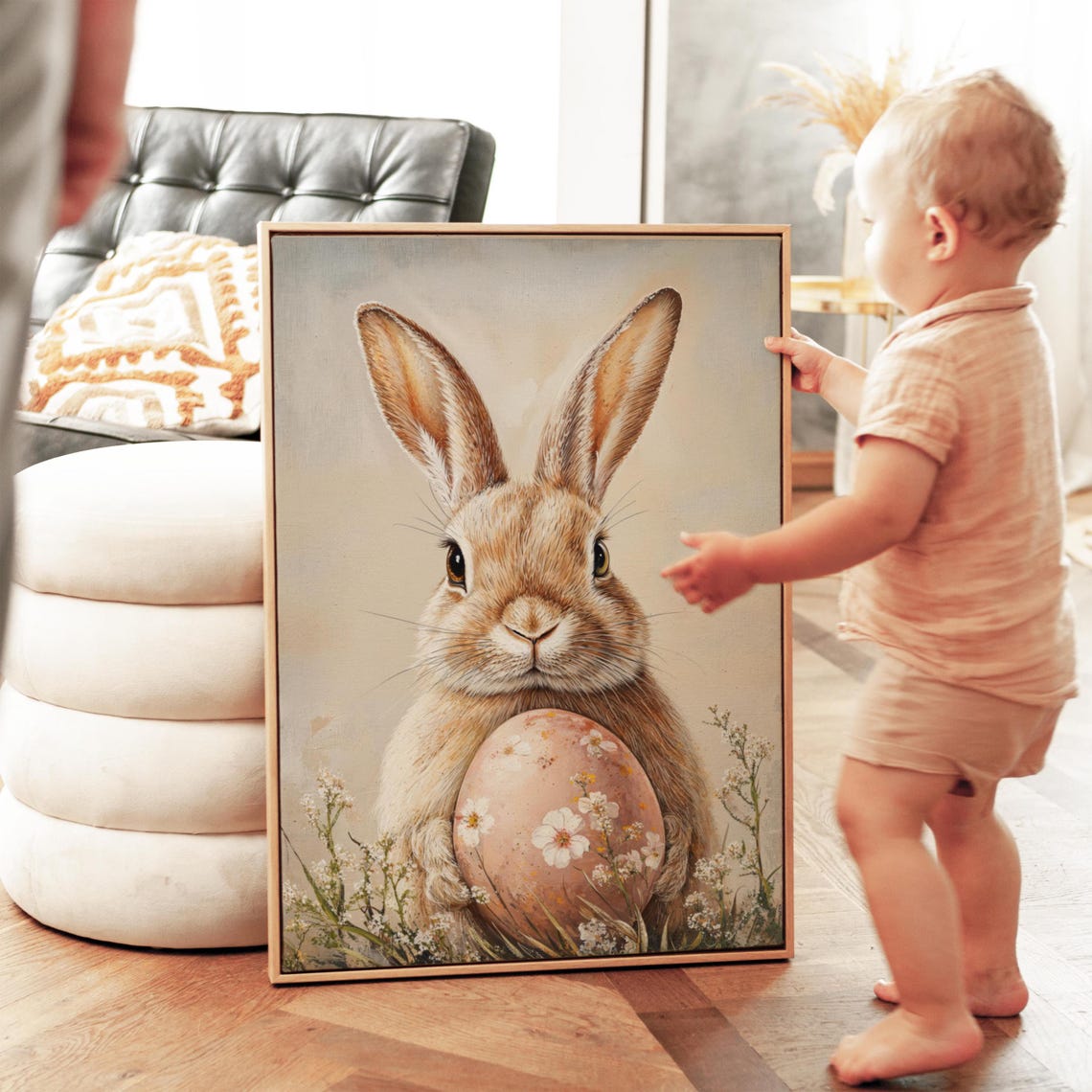 Cute Bunny Holding Decorated Easter Egg Floral Spring Portrait Poster - Image 2