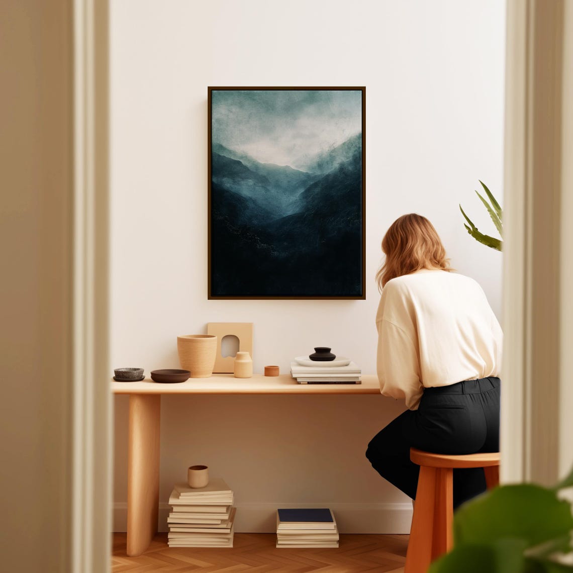 Misty Blue Mountain Ridges in Fog Dark Moody Landscape Wall Art - Image 2