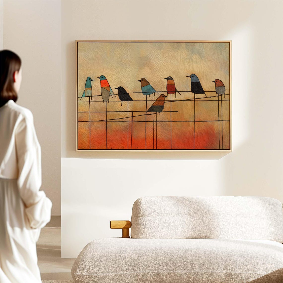 Seven Stylized Birds On Wire Sunset Tones Mid Century Framed Art Print - Image 2