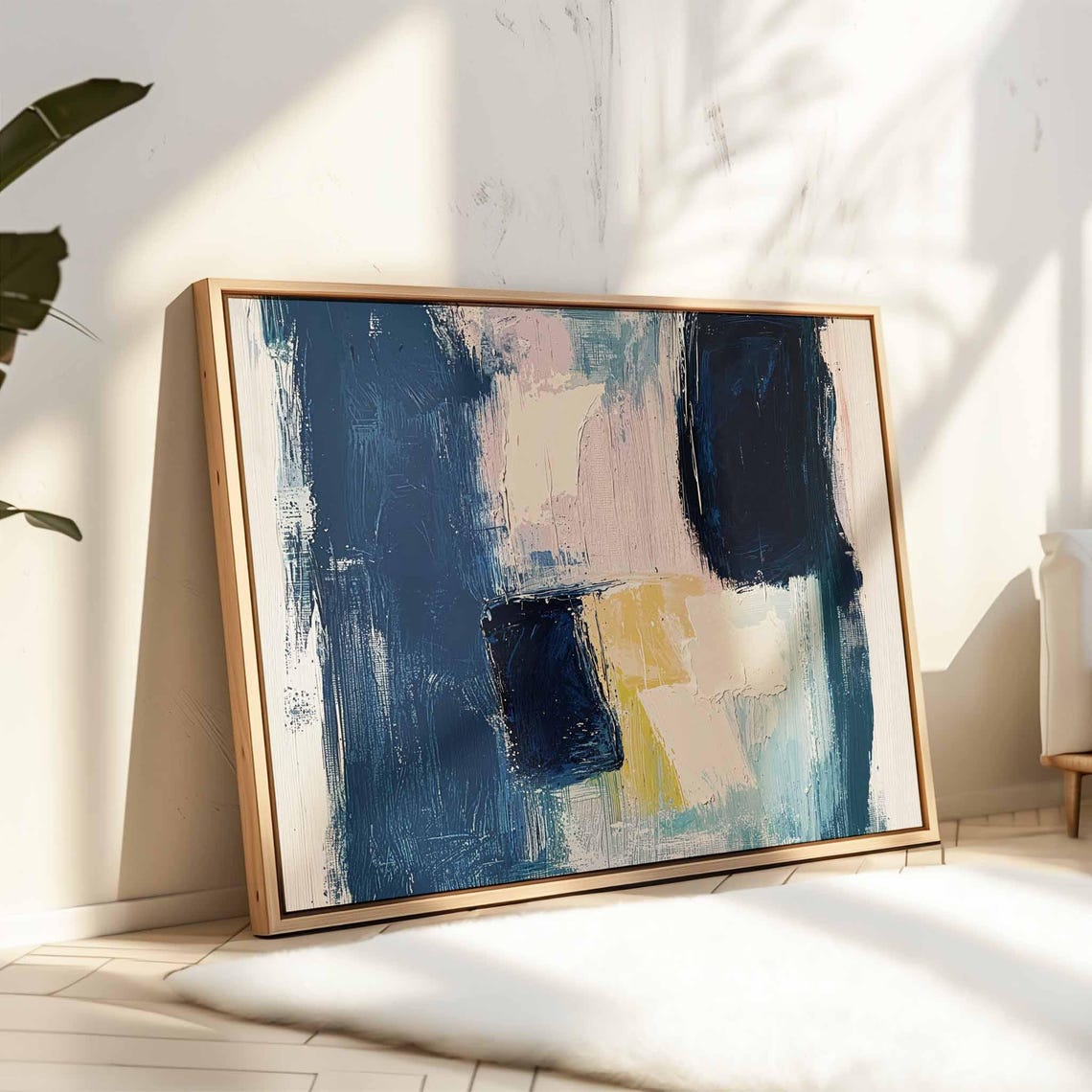 Abstract Navy Blue Cream Textured Modern Block Painting Poster - Image 4