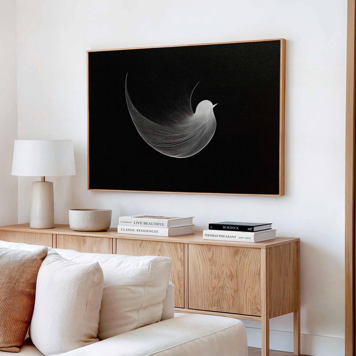 White Line Bird Drawing Minimalist Black Background Art Print