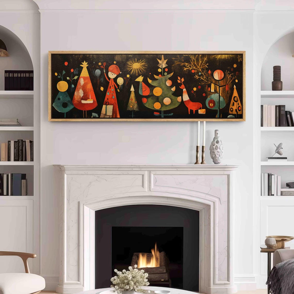 Playful Mid Century Christmas Girl Reindeer Trees Whimsical Wall Art - Image 3