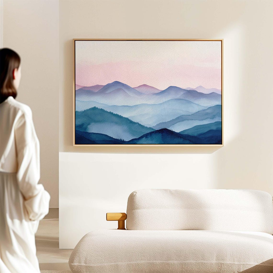 Watercolor Blue Misty Mountains Pink Sky Serene Landscape Art Print - Image 2