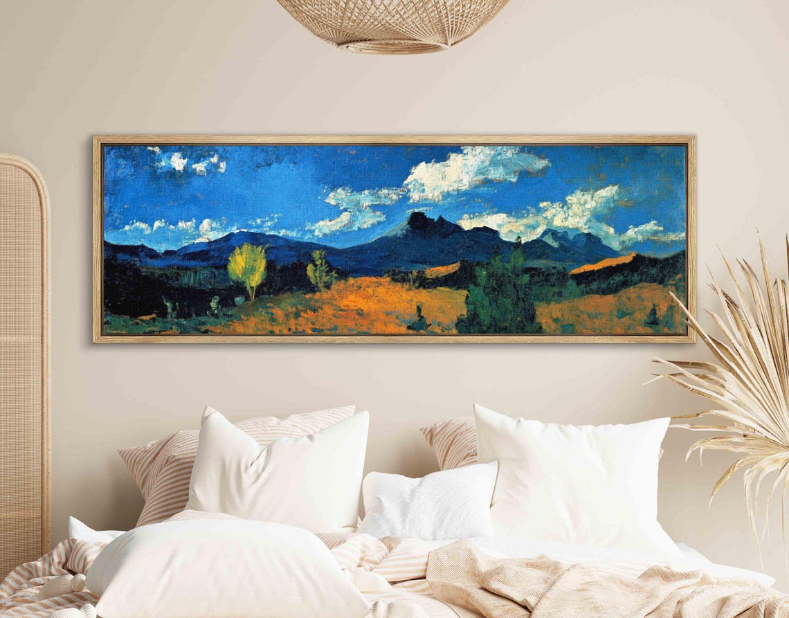 Golden Autumn Field Dark Mountains Dramatic Blue Sky Landscape Print - Image 2