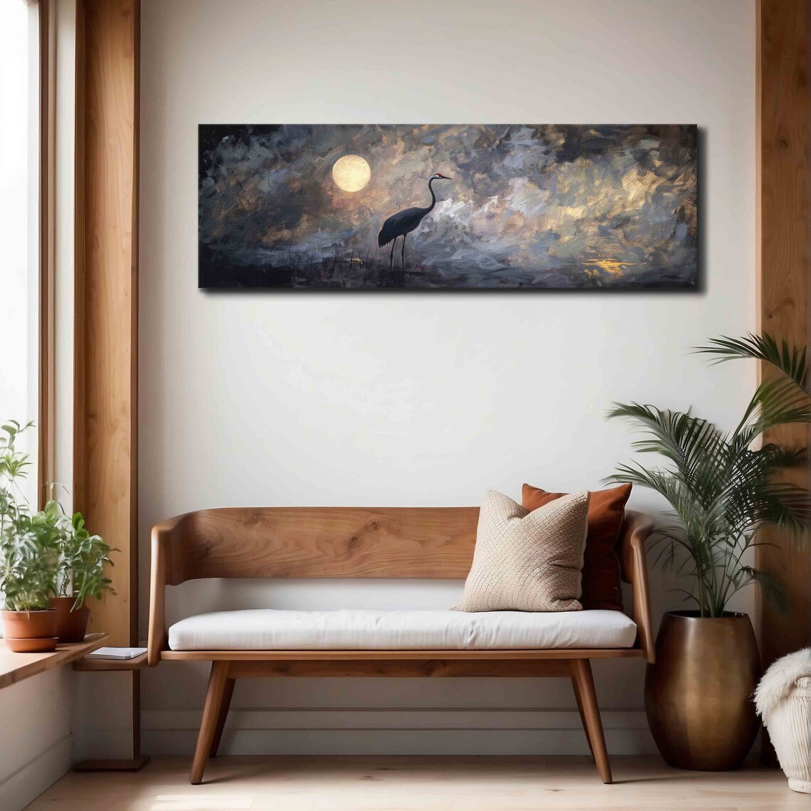 Moon and Crane Moody Seascape Horizontal Art Print - Image 3