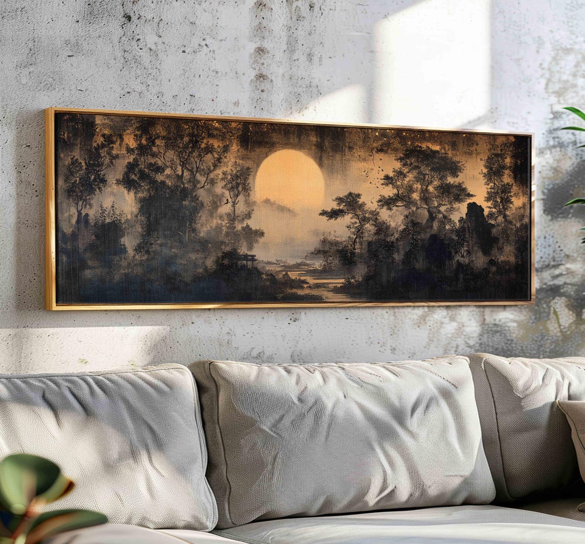Japanese Full Moon Rising Over Misty Forest Vintage Style Wall Art