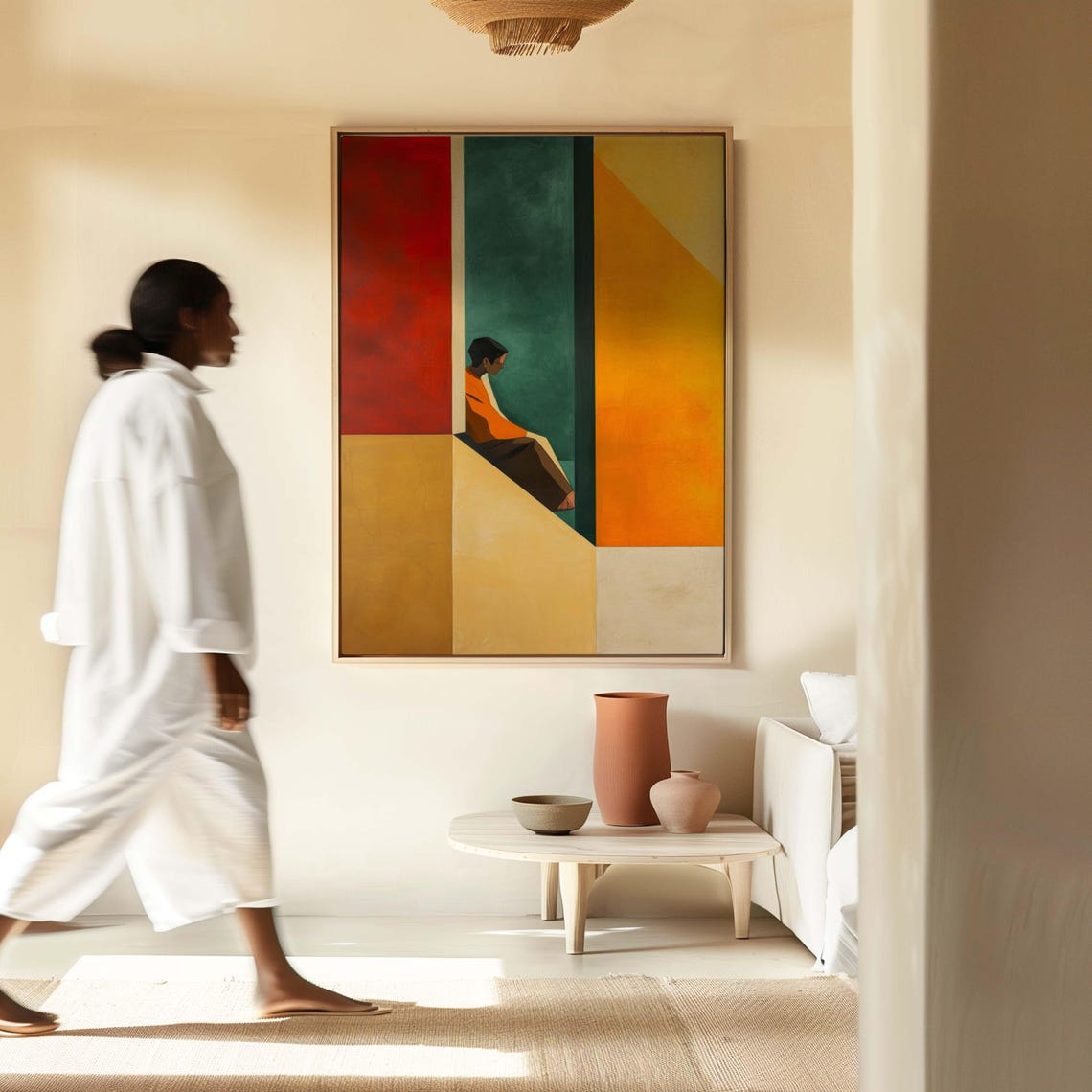 Seated Figure With Bold Red Green Ochre Color Blocks Modern Wall Art - Image 4