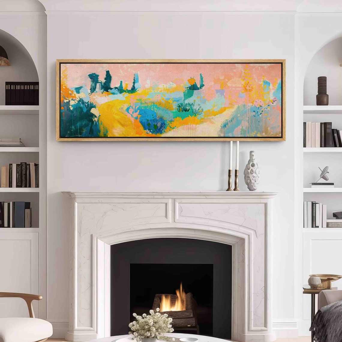 Pastel Peach Pink Abstract Landscape Modern Colorful Painting Wall Art - Image 3