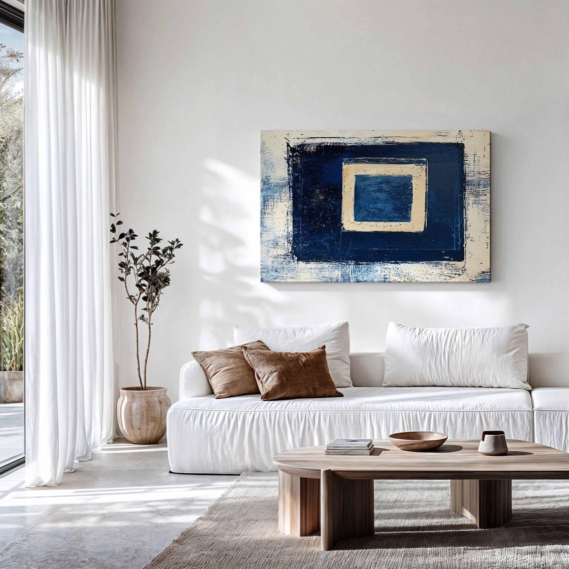 Navy Blue Concentric Squares Cream Textured Geometric Modern Art Print - Image 2