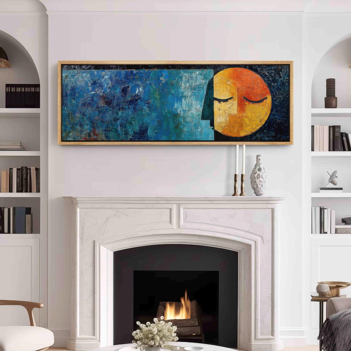 Abstract Sun Face Profile Blue Modern Surreal Panoramic Art Poster - Image 3
