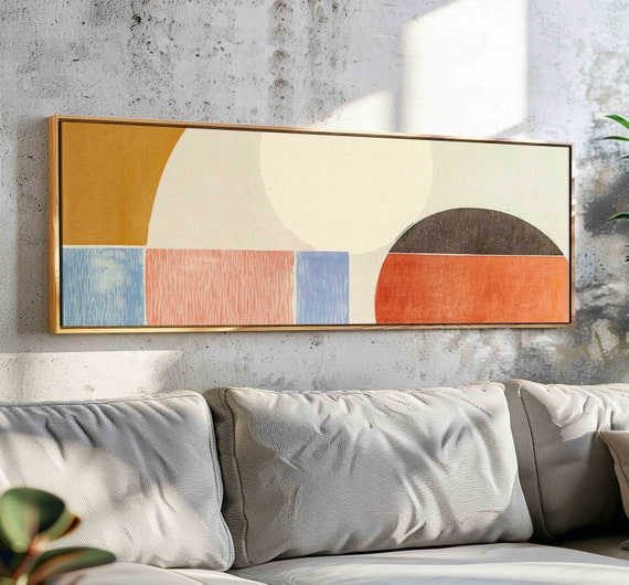Framed Minimalist Modern Wall Art Muted Pastel Colors Panoramic Abstract Wall Art Horizontal Geometric Wall Art Above Bedcouch Decor